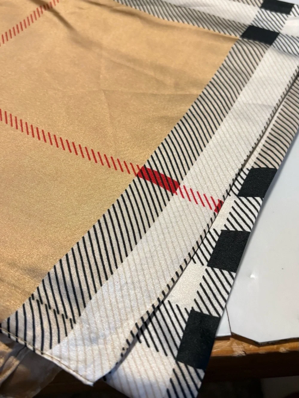 Burberry Camel Plaid Logo Silk Scarf with Red Accent - Picture 3 of 3